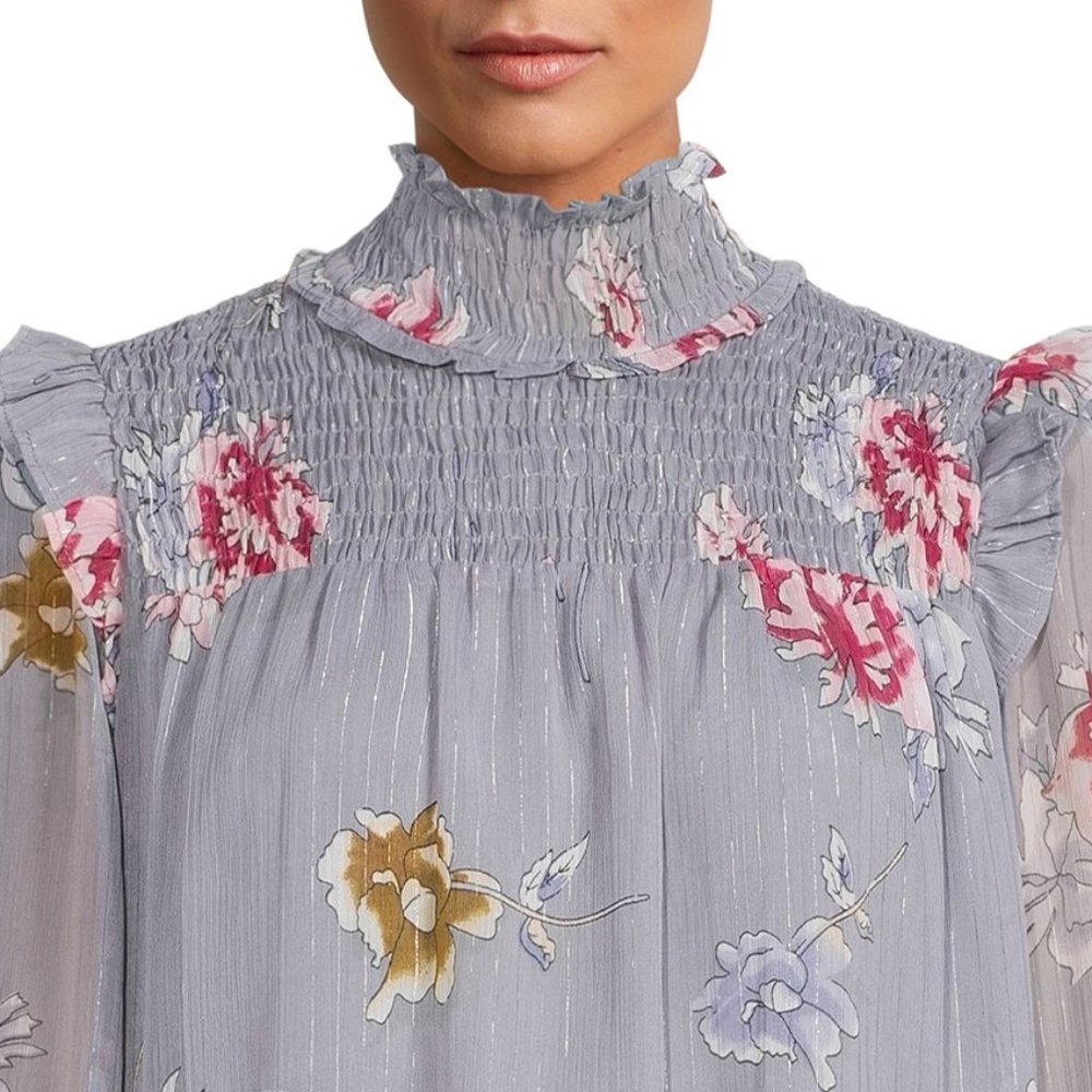 Floral Ruffled Poet Blouse High Neck Smocked Long Sleeves Sz XL NWT - Picture 3 of 8